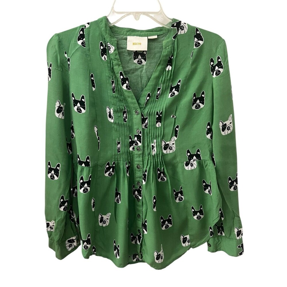 Maeve Anthropologie French Bulldog Print Long-sleeve Blouse Top Small US 4